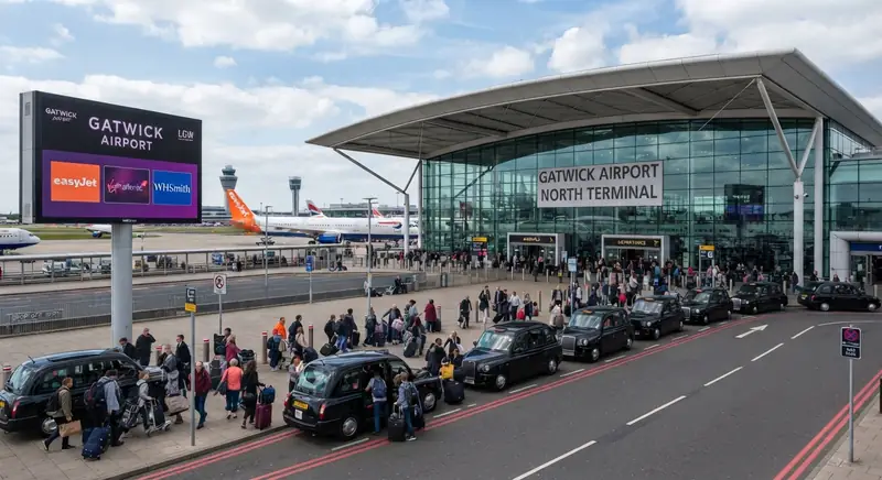Busy forecourt outside the Gatwick Airport North Terminal with cars and travellers