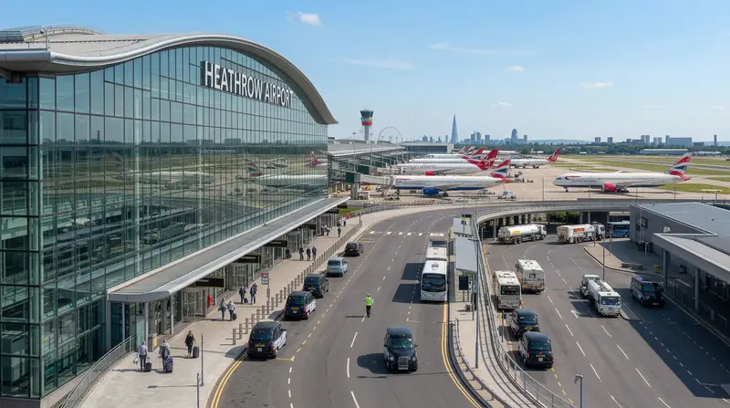 Passengers loading luggage into a dark MPV outside a Heathrow terminal building