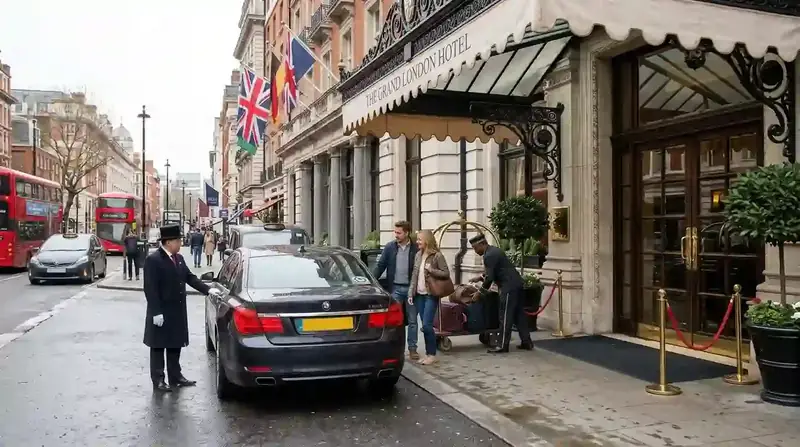 Driver holding the car door open for a passenger outside a London hotel